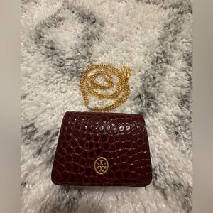 Tory Burch Burgundy Croc-Embossed Chain Mini Crossbody Bag
